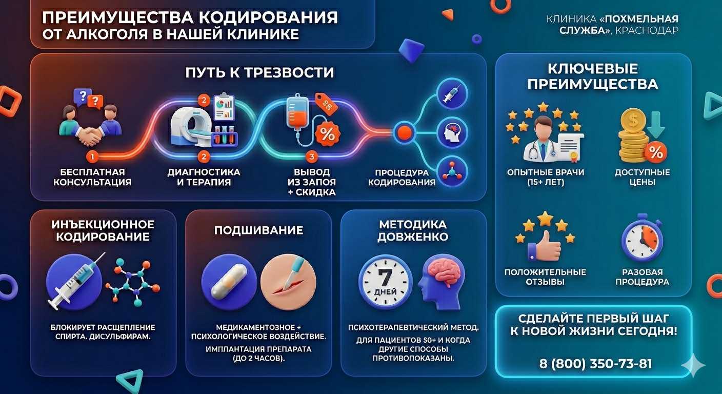 Инфографика о методах кодирования от алкоголя в Левокумском: инъекции, подшивание, метод Довженко. Преимущества клиники и этапы лечения.